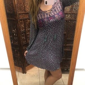 Boho Vintage Pattern Lace Tie Long Sleeve Dress